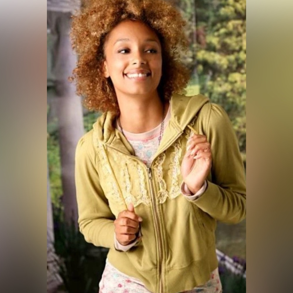 SOLD-Free People Vintage Tuxedo Ruffle Hipster Hoodie Jacket Lace Olive L M S